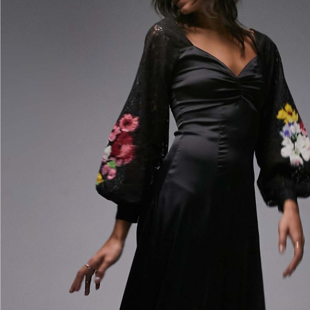 Topshop premium satin and lace occasion midi dress with colorful embroidery
